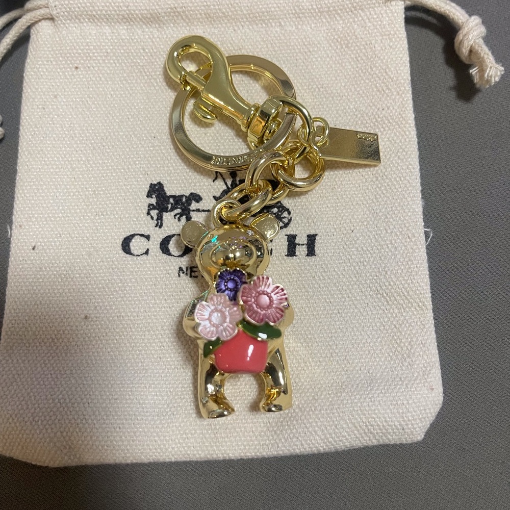 Coach Gold Bear Charm Keychain with Pink & Purple Flower Accents